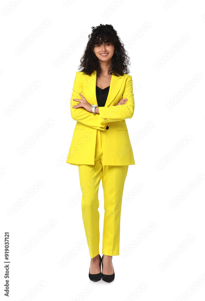 Beautiful young woman in stylish yellow suit isolated on white Beautiful young woman in stylish yellow suit isolated on white