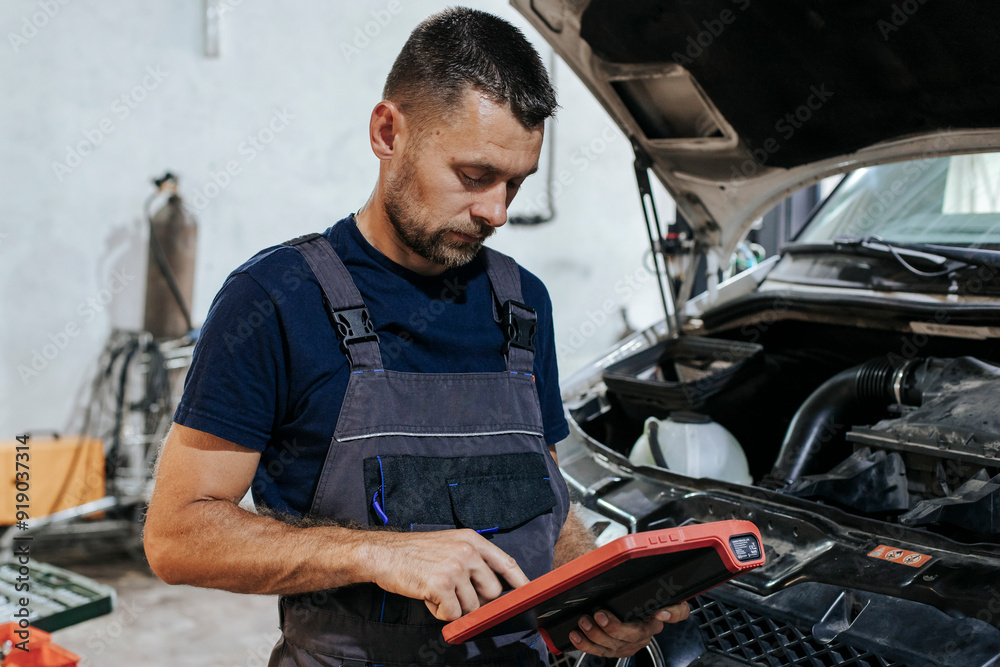 Man examining vehicle part in garage Man examining vehicle part in garage