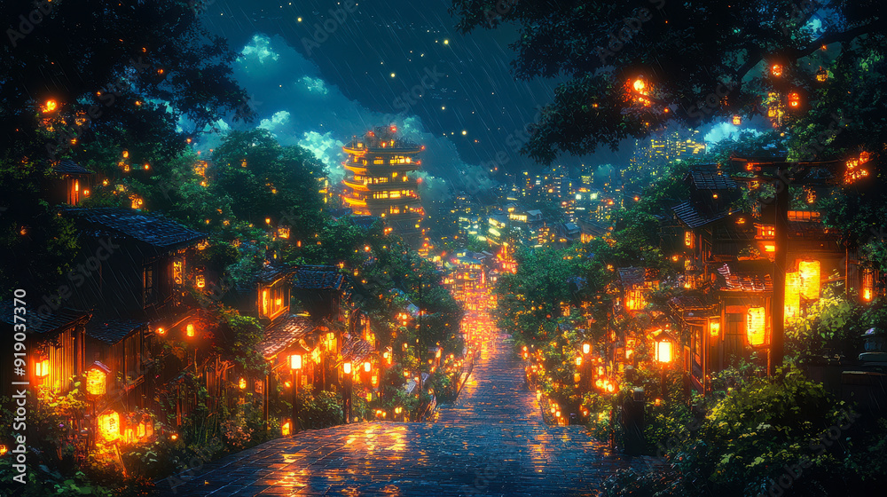 Fototapeta premium Anime Style Nighttime Urban Scene with Lanterns, Illuminated Pagoda, Rainy Atmosphere, Serene Street, Peaceful Mood, Concept of Traditional Meet Modern Cityscape