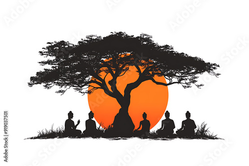 illustration of meditating Buddha under a tree, sunrise view and clear view of moon above, early morning dusk, for Buddhist festival