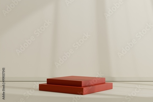 Premium minimalist geometric podium with abstract shadow for presentation, blue background, 3d illustration.