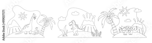 Dinosaur Coloring book Set. Coloring Pages for Kids Line art, contour graphics. Vector illustration.