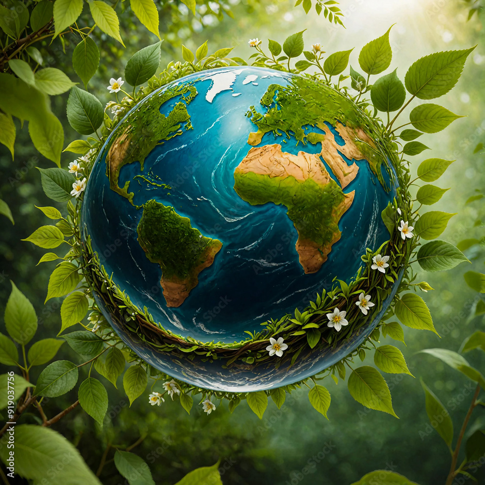 Planet Earth surrounded by flowers and greenery on an abstract plant background. Generative AI