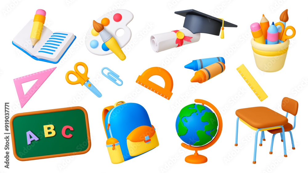 3d school supplies. Education lesson icons render style. Pencil globe school bag diploma scroll graduation hat. Pithy vector realistic collection 3d school supplies. Education lesson icons render style. Pencil globe school bag diploma scroll graduation hat. Pithy vector realistic collection