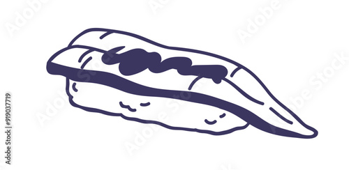 Nigiri sushi. Rice topped with raw fish, eel slice and sauce. Traditional Japanese cuisine. Japan eating. Asian food, snack. Outlined contoured vector illustration isolated on white background