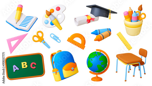 3d school supplies. Education lesson icons render style. Pencil globe school bag diploma scroll graduation hat. Pithy vector realistic collection