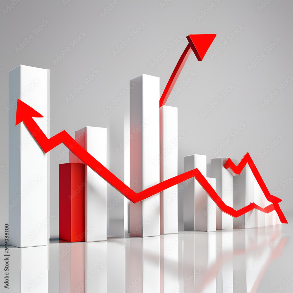 A business graph showing growth with an upward arrow and red bars A business graph showing growth with an upward arrow and red bars