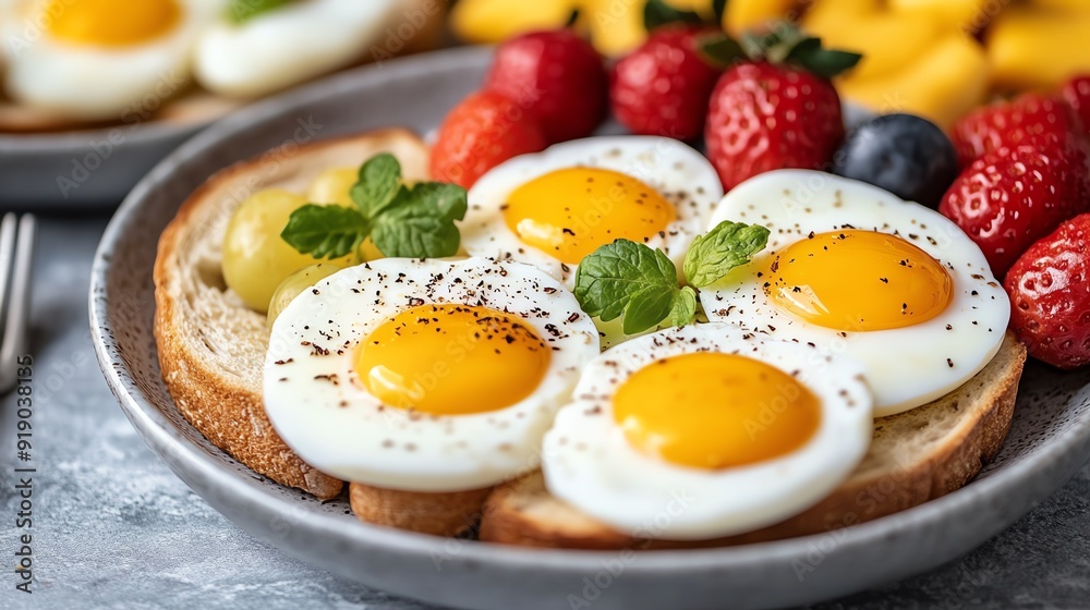 Breakfast spread with eggs, toast, and fruit, Monday morning, healthy and delicious Breakfast spread with eggs, toast, and fruit, Monday morning, healthy and delicious