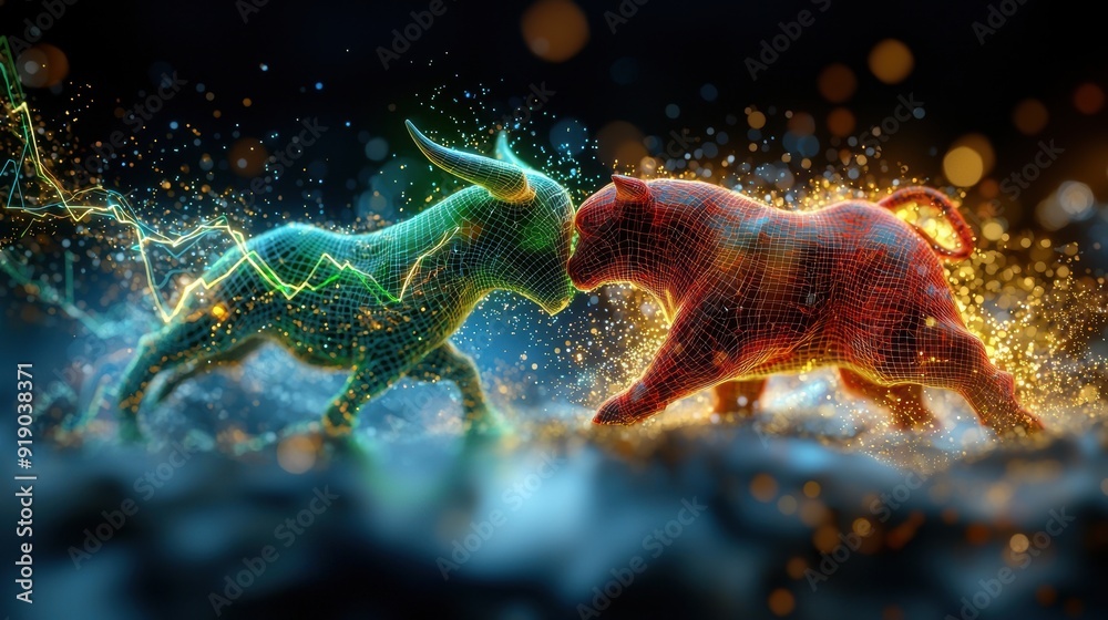 Financial Market Forces: Bull and Bear Abstract Clash of Graphs and Charts Financial Market Forces: Bull and Bear Abstract Clash of Graphs and Charts
