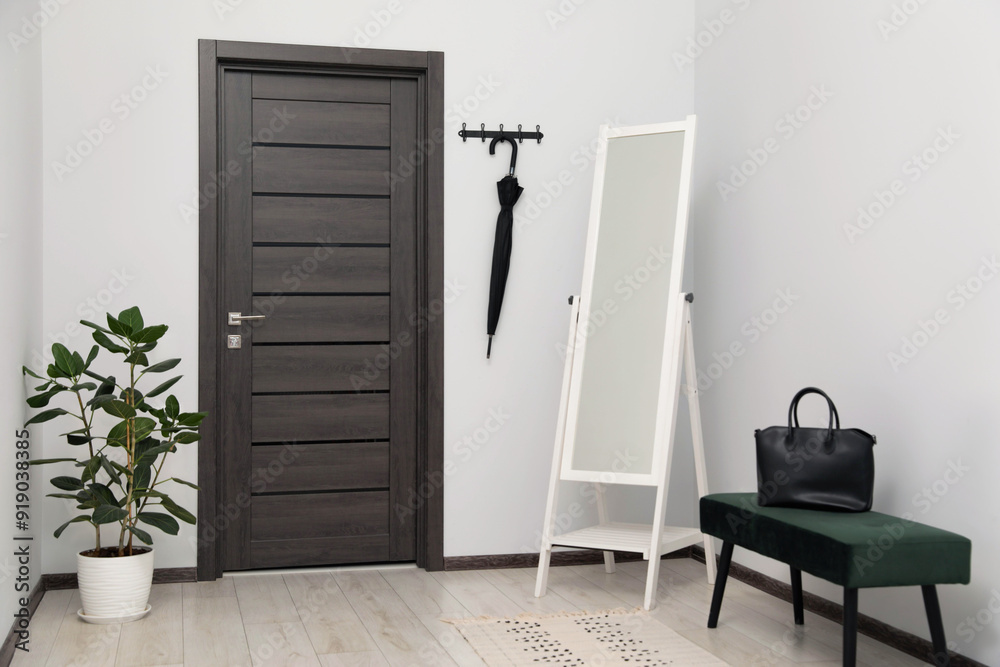 Fototapeta premium Mirror, bench and houseplant in hallway. Interior design
