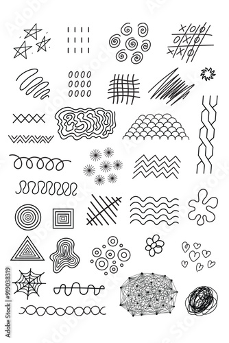 Hand drawn doodles, waves, lines, circles, Fun abstract doodle shapes, scribbles in a notebook