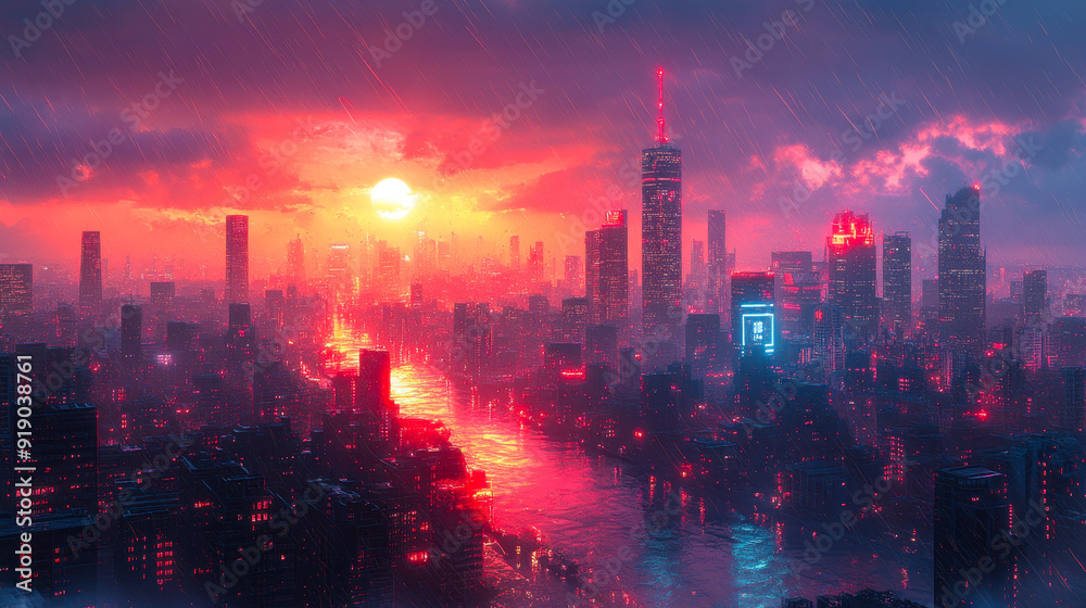 Fototapeta premium Futuristic Cyberpunk Cityscape at Sunset with Neon Pink and Blue Lights, High-rise Buildings, Rainy Atmosphere, Reflective Water, and Moody Urban Environment