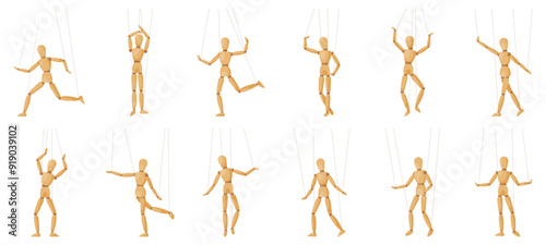 Wooden marionette. Wood puppets in different body poses, gestures and actions. Manikin for art lessons, dolls for artist training snugly vector set