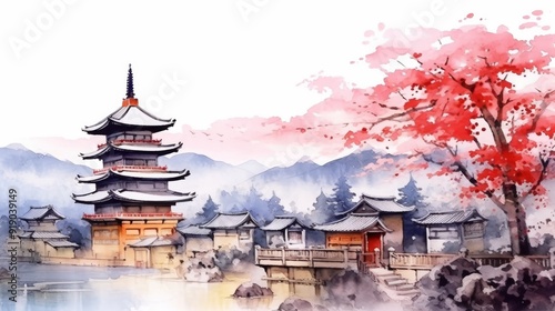 A painting of a Japanese village with a pagoda in the background