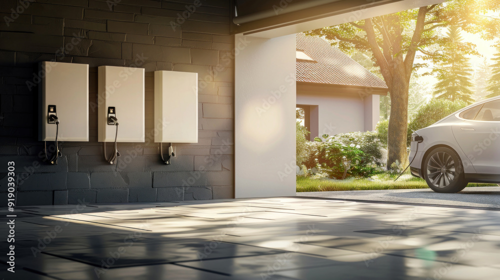 The concept of a home battery packs alternative electric energy storage system at modern home garage walls as backup or sustainable energy concepts. with a car parked outside. The concept of a home battery packs alternative electric energy storage system at modern home garage walls as backup or sustainable energy concepts. with a car parked outside.