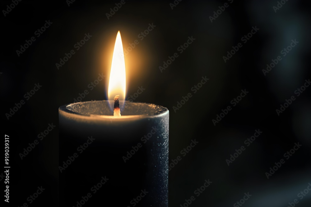 Lit black candle with soft glow against dark background creating a serene atmosphere. Gentle flame adds sense of calm and introspection Lit black candle with soft glow against dark background creating a serene atmosphere. Gentle flame adds sense of calm and introspection