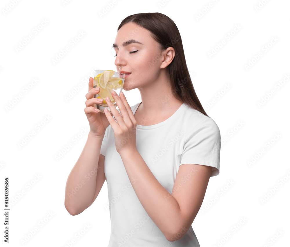 Woman drinking water with lemon on white background Woman drinking water with lemon on white background