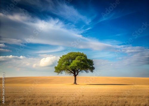 Einsamer Baum in der Landschaft auf einem Feld mit schönen Himmel