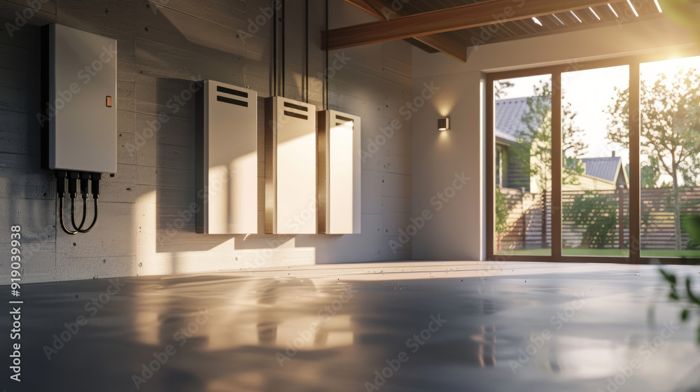 The concept of a home battery packs alternative electric energy storage system at modern home garage walls as backup or sustainable energy concepts. The concept of a home battery packs alternative electric energy storage system at modern home garage walls as backup or sustainable energy concepts.