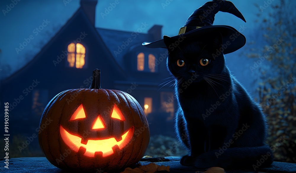 black cat in witch hat sitting next to glowing halloween pumpkin, house in the background, blue night sky, photo realistic, cinematic, hd, high resolution black cat in witch hat sitting next to glowing halloween pumpkin, house in the background, blue night sky, photo realistic, cinematic, hd, high resolution