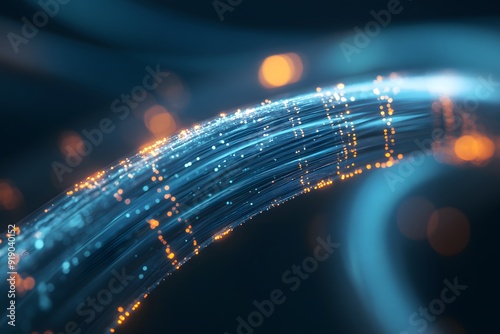 Fiber optic cable, data transfer technology concept with fiber structure and glowing light effect on a dark blue background. This high detail, ultra realistic