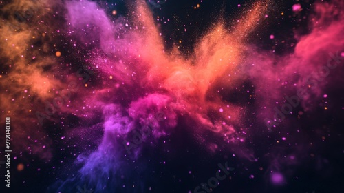 Abstract background with pink and orange powder explosion on a dark background.