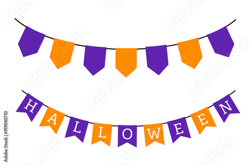 Halloween black and violet flags. Vector pennant isolated on white background. Hanging fall party garland.