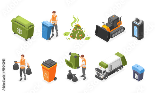 Isometric 3d garbage. Plastic waste containers, tank truck and composting tractor. Recycling industry workers, environmental care flawless vector set