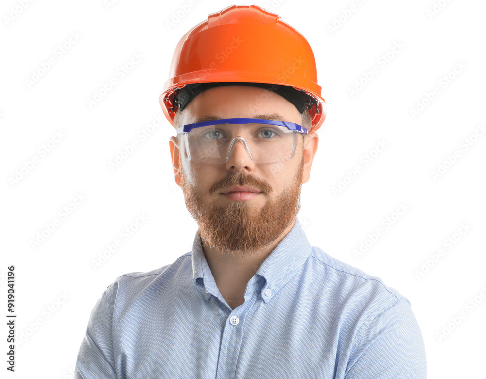 Engineer in hard hat and goggles on white background Engineer in hard hat and goggles on white background