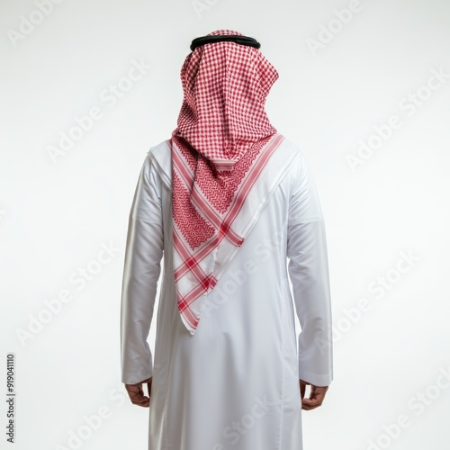 Back view of an Arab man in thobe standing on white isolated background