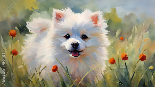 dog in the flower field