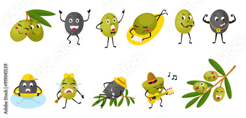 Olive characters. Cartoon olives mascots, fresh or pickle food. Cute berry dreaming, resting swimming singing. Green branch, neoteric vector plants