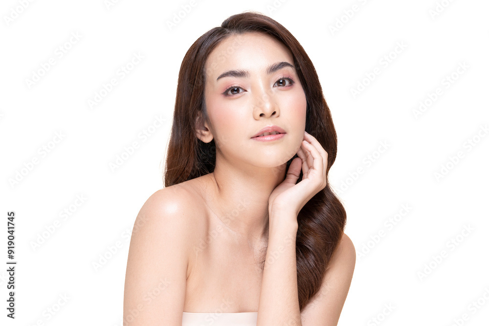 Asian beautiful young woman with flawless skin and natural makeup smiles gently Asian beautiful young woman with flawless skin and natural makeup smiles gently