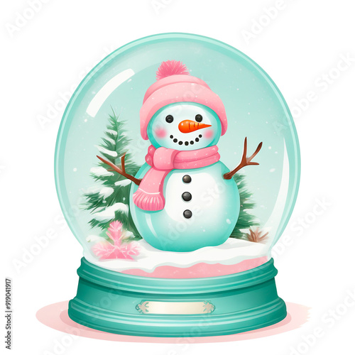 Cute Snowman Globe in Pastel Colors - Colorful Watercolor PNG Transparent Background Close Up photo