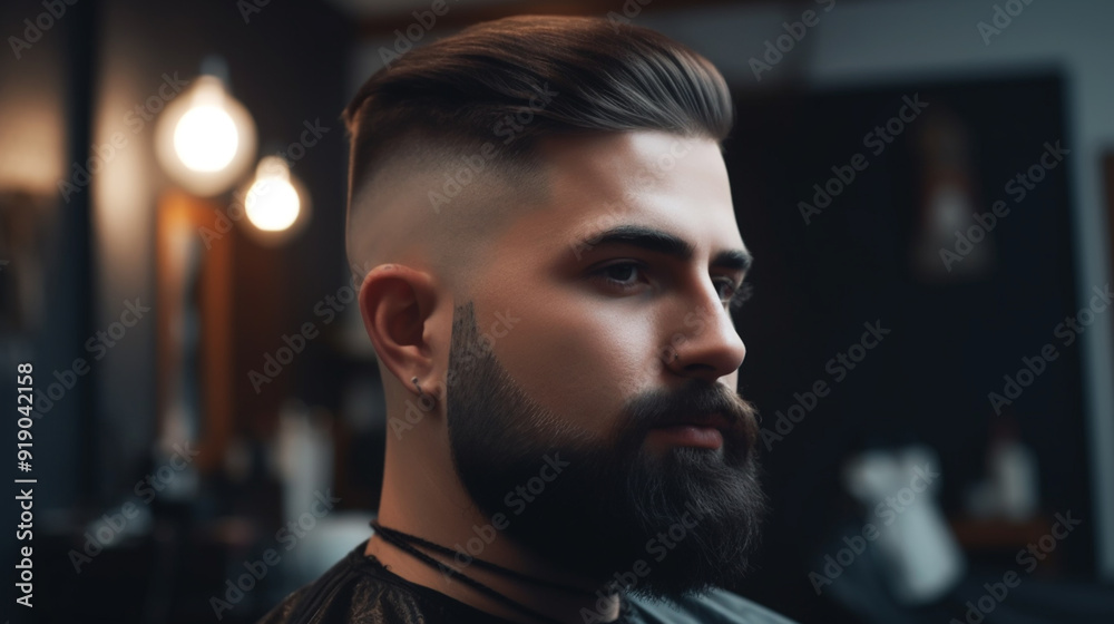 Getting perfect shape. Close-up side view of young bearded man getting beard haircut by hairdresser at barbershop Getting perfect shape. Close-up side view of young bearded man getting beard haircut by hairdresser at barbershop