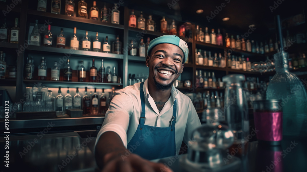Portrait of cheerful young bartender standing and smiling in bar Portrait of cheerful young bartender standing and smiling in bar