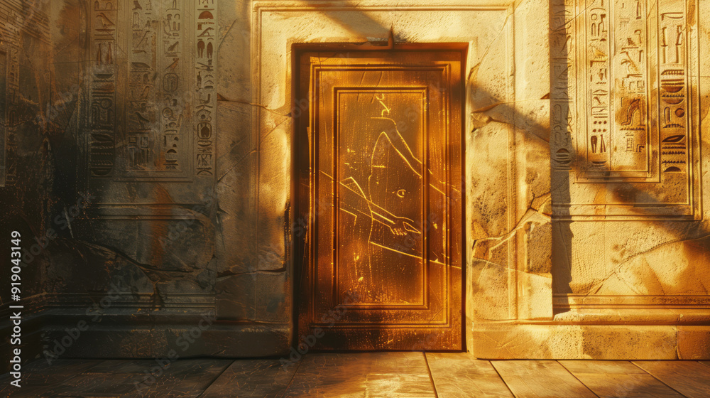 Egyptian relief panels are located on a door with some details, in a style characterized by golden light. Egyptian relief panels are located on a door with some details, in a style characterized by golden light.