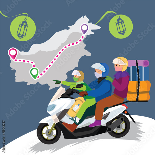 A Muslim Family back to home or mudik using motorcycle for Lebaran or Ied Al Fitr. Suitable to use as Social Media Content, Greeting Cards, Landing Page, Poster and Mobile Apps. FREELY ADJUSTED POSE