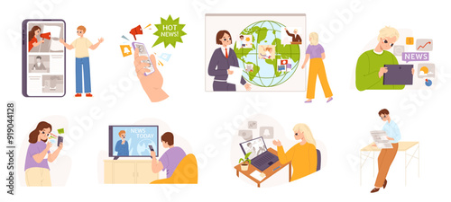 People read news. Person reading newspaper, looking tv and internet, surfing mass media and social networks. Different ways to take information, snugly vector set