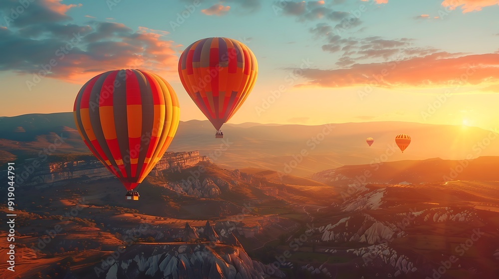 Colorful hot air balloons ascending at sunrise, picturesque landscape with mountains and valleys below, warm sunlight creating a magical glow, serene and peaceful scene, vibrant and detailed textures, Colorful hot air balloons ascending at sunrise, picturesque landscape with mountains and valleys below, warm sunlight creating a magical glow, serene and peaceful scene, vibrant and detailed textures,
