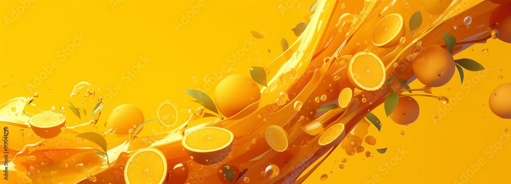 Oranges are falling in motion on a yellow background. Close-up of a variety of oranges falling into motion. AI generative