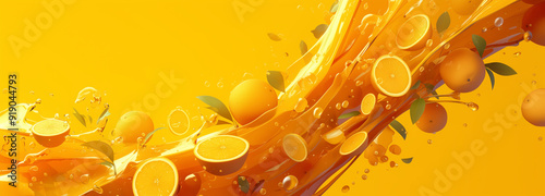 Oranges are falling in motion on a yellow background. Close-up of a variety of oranges falling into motion. AI generative