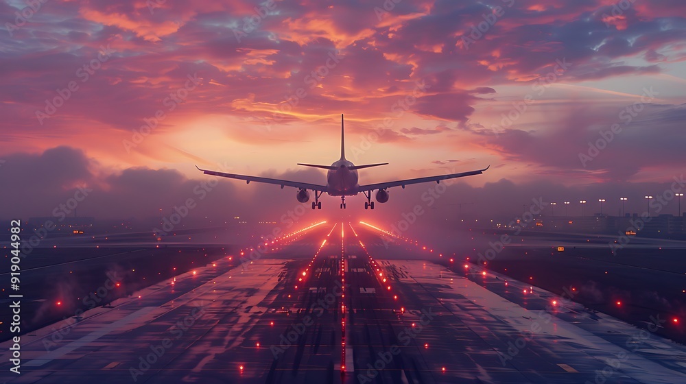 Commercial airplane lifting off from a runway at dawn, colorful sky, runway lights, bustling airport in the background, detailed airplane, sense of motion and energy, hd quality, natural look. Commercial airplane lifting off from a runway at dawn, colorful sky, runway lights, bustling airport in the background, detailed airplane, sense of motion and energy, hd quality, natural look.