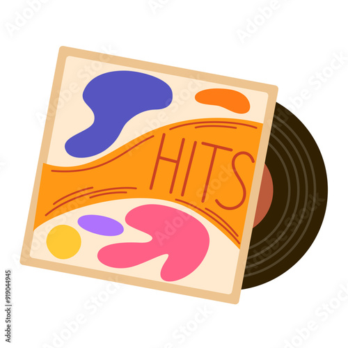 Retro vinyl album cover and LP disc. Old vintage music record on black disk of 60s. Oldschool nostalgic plastic vynil for gramophone. Flat vector illustration isolated on white background