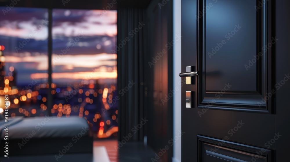 Luxury hotel room with half-opening door, interior view, modern design, exterior window reveals blurry city view with bright lights. Luxury hotel room with half-opening door, interior view, modern design, exterior window reveals blurry city view with bright lights.