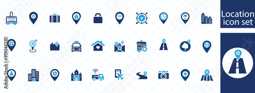Location icon set. Containing map, map pin, gps, destination, directions, distance, place, navigation and address icons