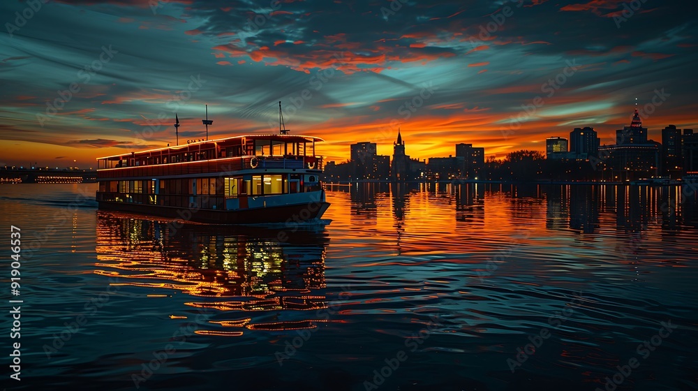 Naklejka premium Ferry boat on a river at dusk, city skyline with twinkling lights, calm water reflecting the city lights, detailed textures, dynamic and serene scene, hd quality, natural look. --ar 16:9 --v 6.