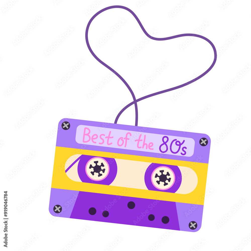 Classic 80s 90s audio cassette in modern style flat, line style. Fashion patch, badge, emblem. Flat vector illustration isolated on white background