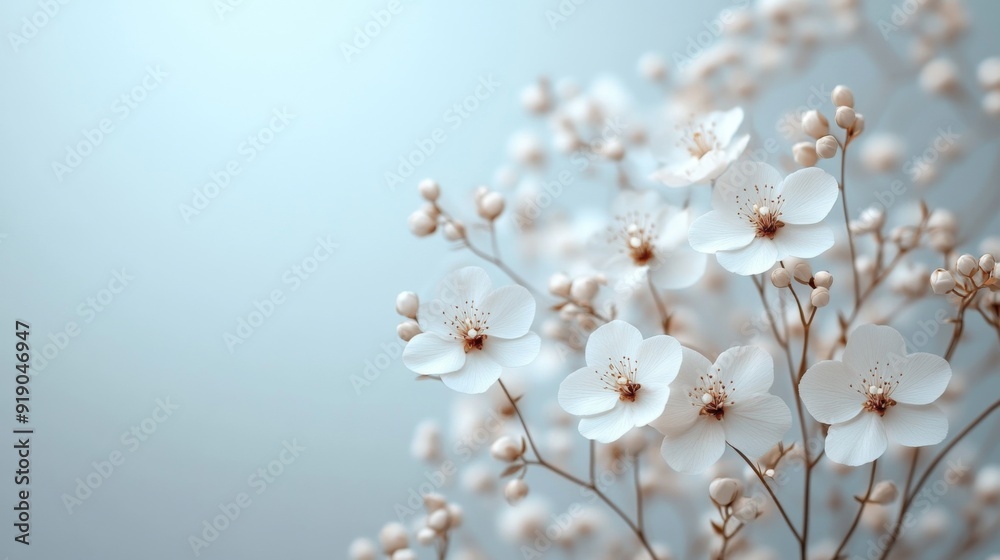 Delicate white blossoms on a branch, soft blue background. Delicate white blossoms on a branch, soft blue background.