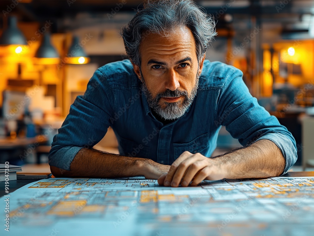 A focused man examines a detailed blueprint in a modern workspace, embodying creativity and architectural planning. A focused man examines a detailed blueprint in a modern workspace, embodying creativity and architectural planning.